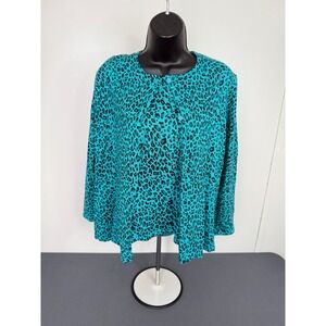 White Stag 2 Piece Womens Small Teal Leopard Print Cardigan Set Y2K